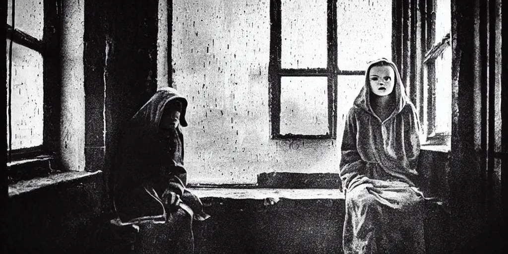 Prompt: night scene, sadie sink in hoodie sits on windowsill, knees tucked in, rain, old brick wall, propaganda posters : grainy 1 6 mm film, 2 5 mm lens, single long shot from schindler's list by steven spielberg. cyberpunk, steampunk. cinematic atmosphere and composition, detailed face, perfect anatomy