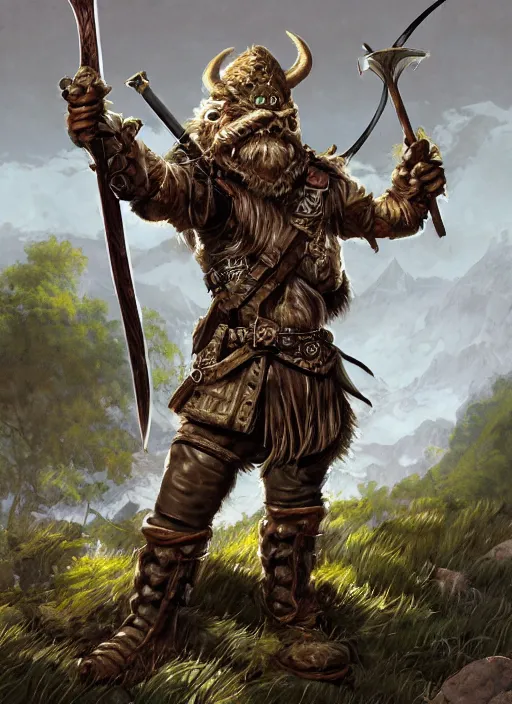 Image similar to strong young man, photorealistic bugbear ranger holding aflaming sword, black beard, dungeons and dragons, pathfinder, roleplaying game art, hunters gear, jeweled ornate leather and steel armour, concept art, character design on white background, by alan lee, norman rockwell, makoto shinkai, kim jung giu, poster art, game art