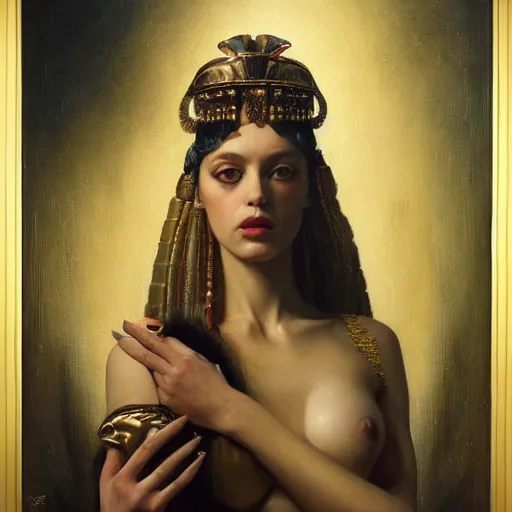 Image similar to highly detailed oil painting | very intricate | cinematic lighting | award - winning | portrait of cleopatra dressed by jean paul gaultier | by roberto ferri, by tom bagshaw, by j. c. leyendecker and klimt, american romanticism, by austin osman spare, artstation, cgsociety, official art, octane