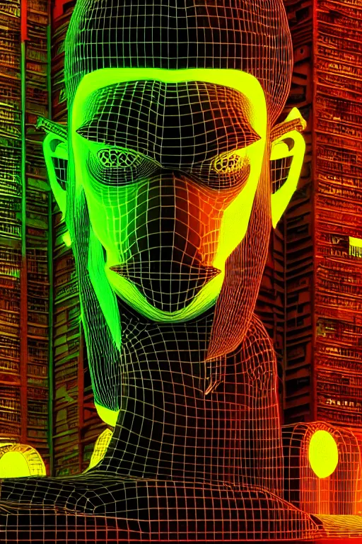 Image similar to high quality 3 d render colorful cyberpunk brutalist hanuman head building, neon yellow madhubani, highly detailed, in sci - fi mumbai, unreal engine cinematic smooth, liam wong, moody light, low angle, uhd 8 k, sharp focus