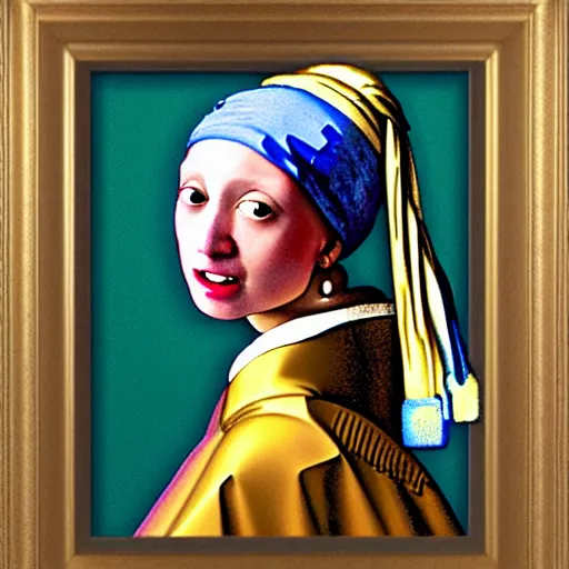 Prompt: a colorful girl with high detail smiles sweetly, in the style of Girl with a Pearl Earring by Johannes Vemeer, masterpiece, old master, grand master