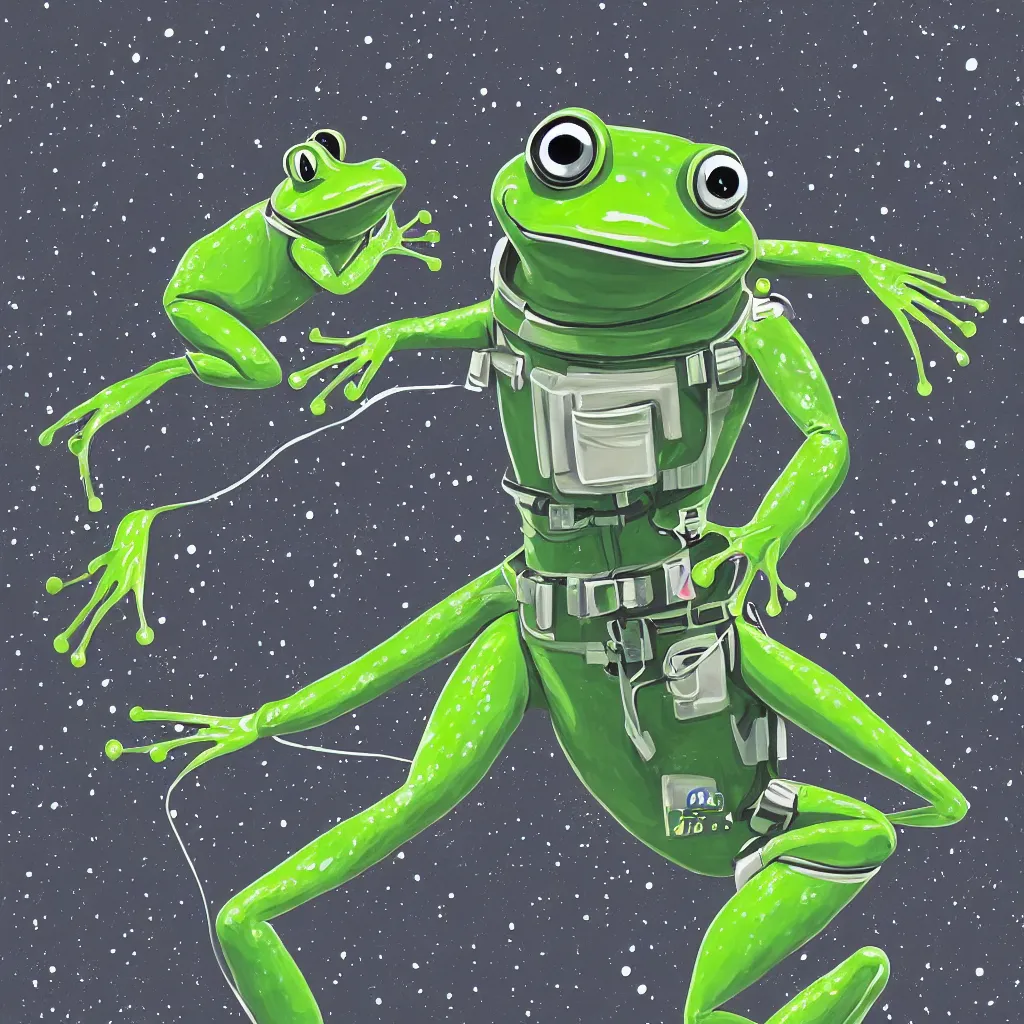 Image similar to long shot, frog wearing a complex astronaut suit in the style of 2001 a space odyssey, digital art, ultra realistic, ultra detailed, art by tasia.m.s, hyperdetailed