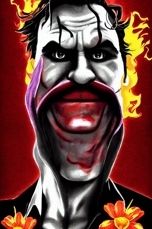 Image similar to joaquin phoenix joker issues 1, sadness, flame, red flower, copyright by dc comic, book cover, justify content center, delete duplicate content!, violet polsangi pop art, gta chinatown wars art style, bioshock infinite art style, incrinate, realistic anatomy, hyperrealistic, 2 color, white frame, content balance proportion