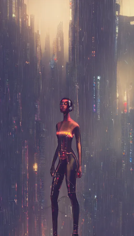 Image similar to a beautiful young Black woman, cyberpunk, Blade Runner city background, highly detailed, 8K, artstation, illustration, art by Gustav Klimt