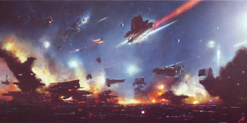 Image similar to a painting of low earth orbit space city under war by john harris.