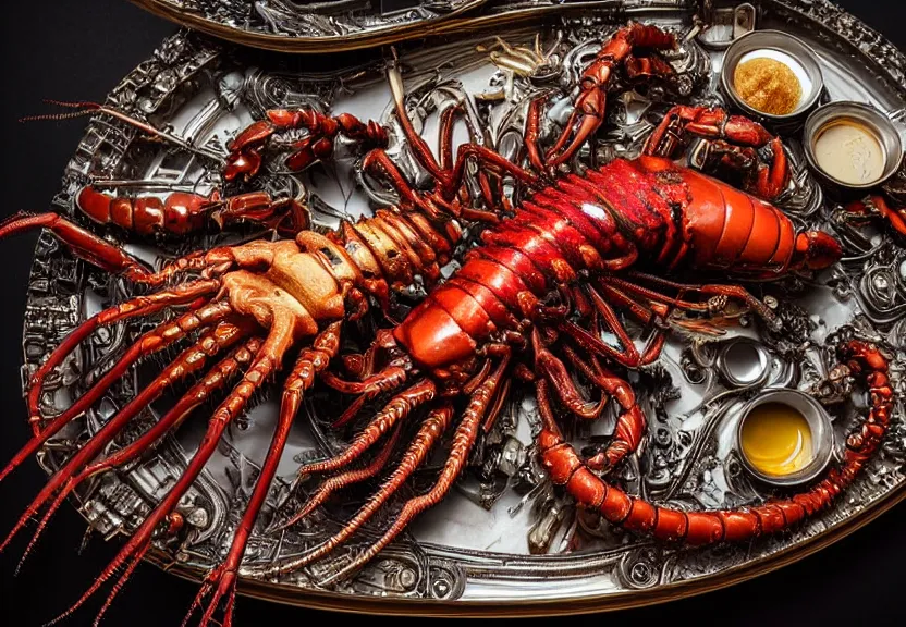 Prompt: complexity. insane detail. an opulent banquet of food on a table covered with golden gundam lobster and ruby gundam nudibranch. silver biomechanical giger ’ s xenomorph. the thing. low angle. reclaimed lumber, detailed and intricate environment, hyperrealism, food photography, rembrandt