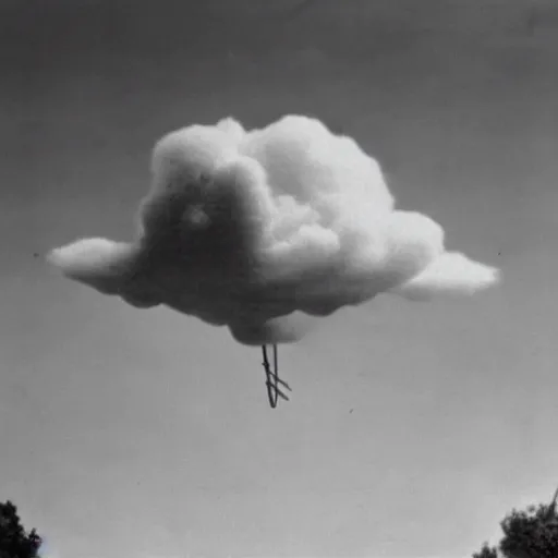 Image similar to a mid 1 9 0 0 s photograph of a cloud shaped like a peanut in the morning sky