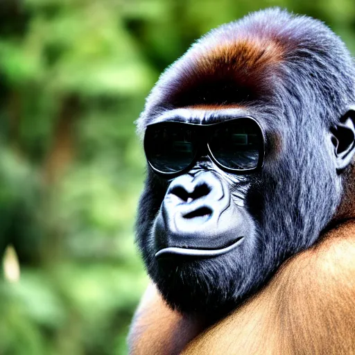 Image similar to a gorilla wearing shades and a gold chain, 4 k