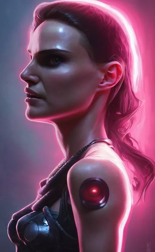 Image similar to portrait of Natalie Portman as a character in arabian Cyberpunk 2077, looking at camera, intricate, dystopian, sci-fi, extremely detailed, digital painting, artstation, concept art, smooth, sharp focus, illustration, intimidating lighting, incredible art by artgerm and greg rutkowski and alphonse mucha and simon stalenhag