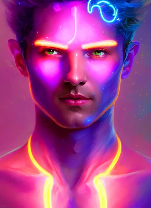 Image similar to a male faceless glowing liquefied stardust adventurer, dnd fantasy character, full body portrait, glowing neon skin, magical aura, ultra realistic, intricate, elegant, highly detailed, digital painting, artstation, smooth, sharp, focus, illustration, art by artgerm and greg rutkowski and alphonse mucha