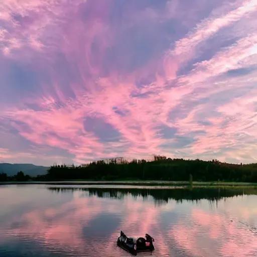 Prompt: dreamland blush colored sky with light feathery pink clouds on a reflective waveless flat open infinite lake mirroring the sky with a giant inflatable waterslide in the middle