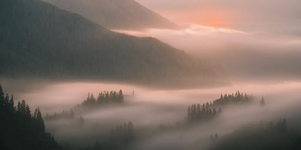 Prompt: foggy floral mountain side, sunrise, by max muench