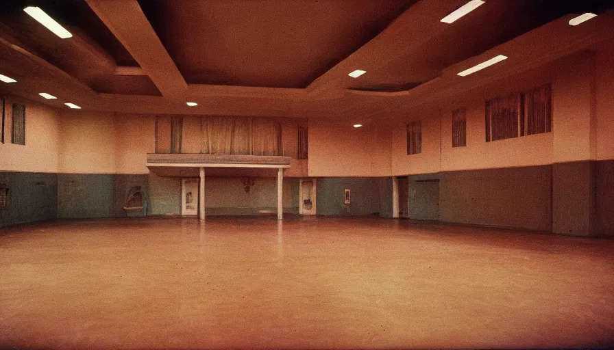 Prompt: 60s movie still of a sovietic stalinist style empty ballroom with many shower, cinestill 800t 50mm eastmancolor, liminal Space style, heavy grain-s 150