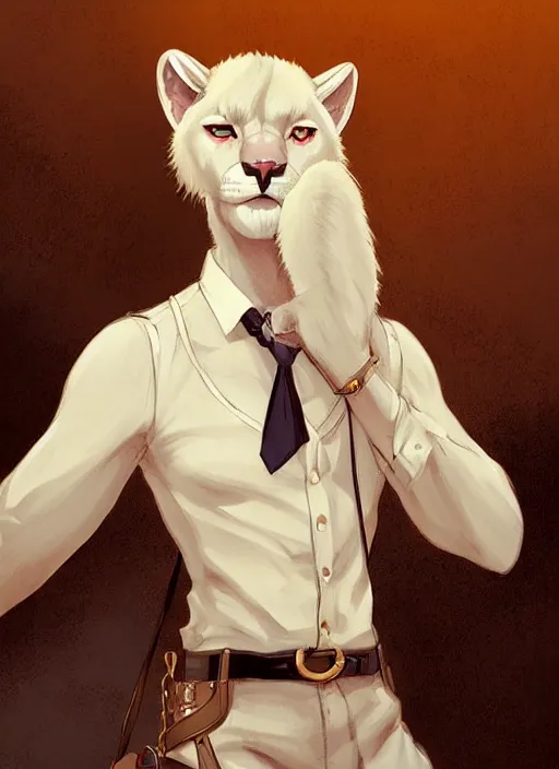 Image similar to beautiful portrait commission of a male furry anthro albino mountain lion wearing a white dress shirt in an old-timey Saloon. Atmospheric. Character design by charlie bowater, ross tran, artgerm, and makoto shinkai, detailed, inked, western comic book art