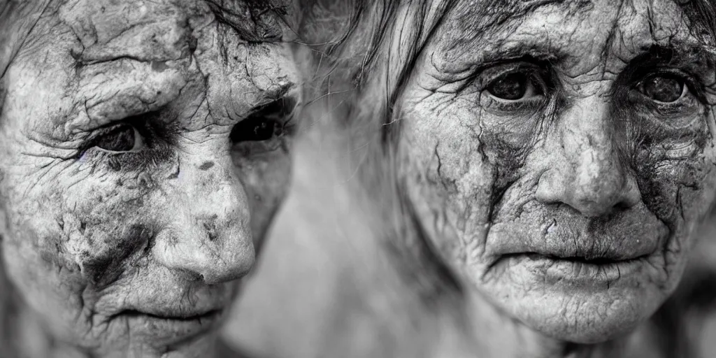 Prompt: old alpine female famer face, scars, smeared with oil and dust, sad face expression, sad mouth, centered, no repition, dark, looking in camera, black and white, dolomites in background, crying, missing teeth, thin hair, dolomites, dark, eerie, despair, portrait photography, artstation, digital art, adward winning