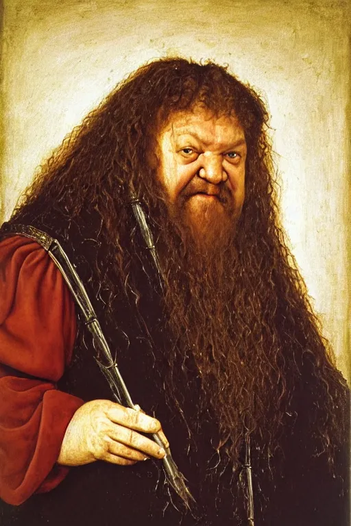 Prompt: portrait of hagrid, oil painting by jan van eyck, northern renaissance art, oil on canvas, wet - on - wet technique, realistic, expressive emotions, intricate textures, illusionistic detail