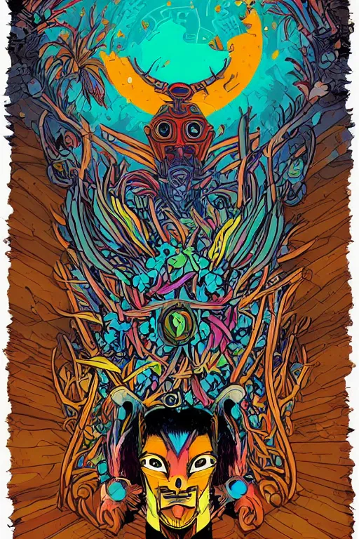 Image similar to animal mask totem roots flower tribal feather gemstone plant wood rock shaman vodoo video game vector cutout illustration vivid multicolor borderlands comics by josan gonzales and dan mumford radiating a glowing aura