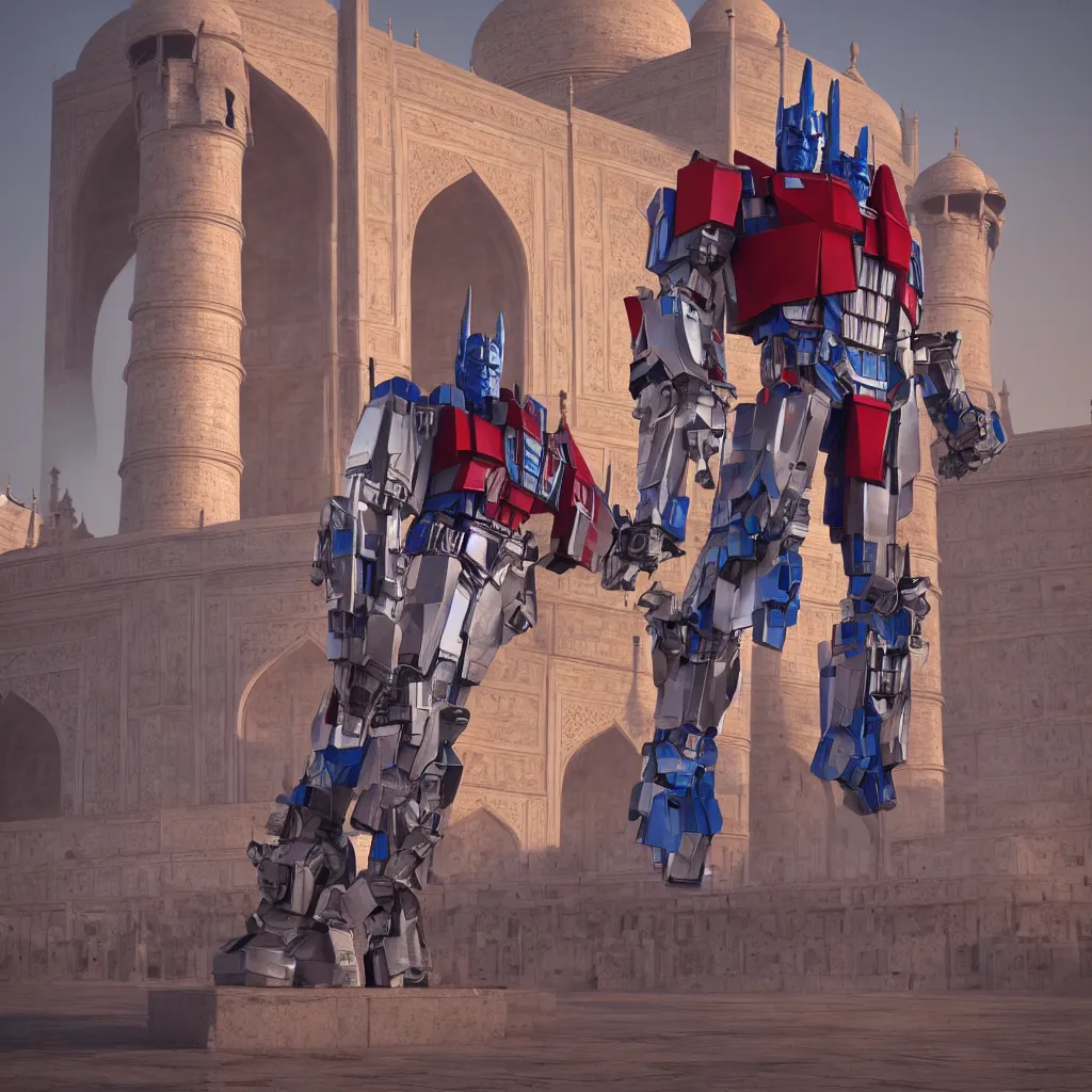 Prompt: optimus prime standing near taj mahal, octane render, volumetric lighting, art by furio tedeschi, hyper detailed