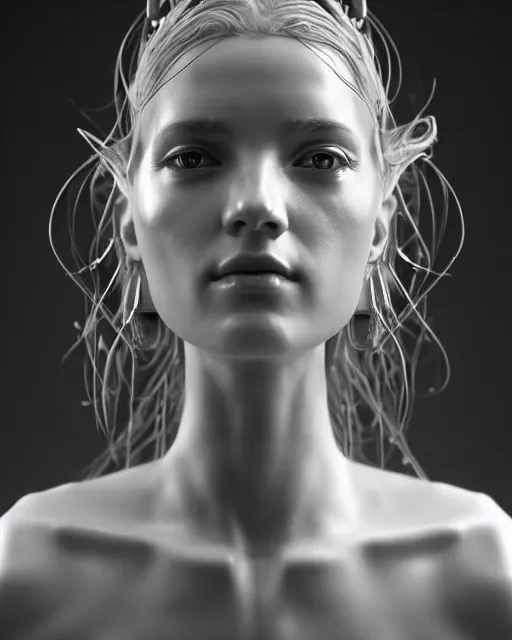 Image similar to dreamy, monochrome, subsurface scattering, white, cyborg goddess in cosmos, black and white, octane render, photo - realistic, cgsociety, justin gerard, highly detailed, rim light, art, cinematic lighting, very coherent, hyper realism, 8 k