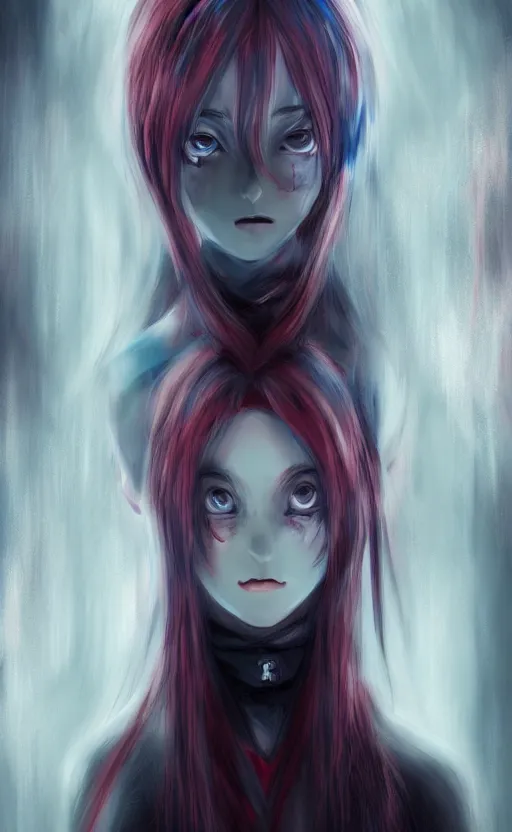 Image similar to ''female anime character, blue long hair, red eyes, creepy eyes, creepy art, dark, character concept, digital painting, concept, 4 k''