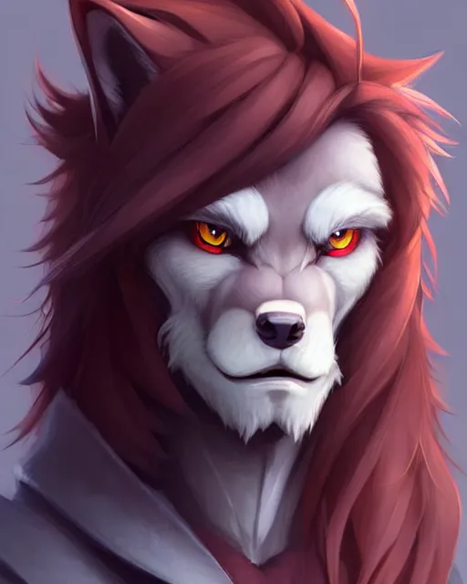 Prompt: character concept art of a dark grey anthropomorphic furry male wolf with long red hair | | cute - fine - face, pretty face, key visual, realistic shaded perfect face, fine details by stanley artgerm lau, wlop, rossdraws, james jean, andrei riabovitchev, marc simonetti, and sakimichan, artstation