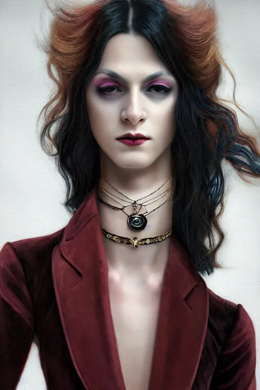 Prompt: a beautiful pretty androgynous man, long hair, tall and thin, vampire, dressed in velvet, glam fashions, wearing several pendants and a choker, illustration, dramatic lighting, soft details, painting oil on canvas, art nouveau, octane render, hdr, 4 k, 8 k, hd, by edmund blair leighton, brom, charlie bowater, faces by otto schmidt