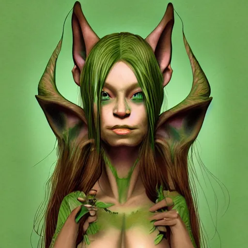 Image similar to Very detailed illustration of a beautiful goblin girl, green skin, big beautiful ears, digital concept art