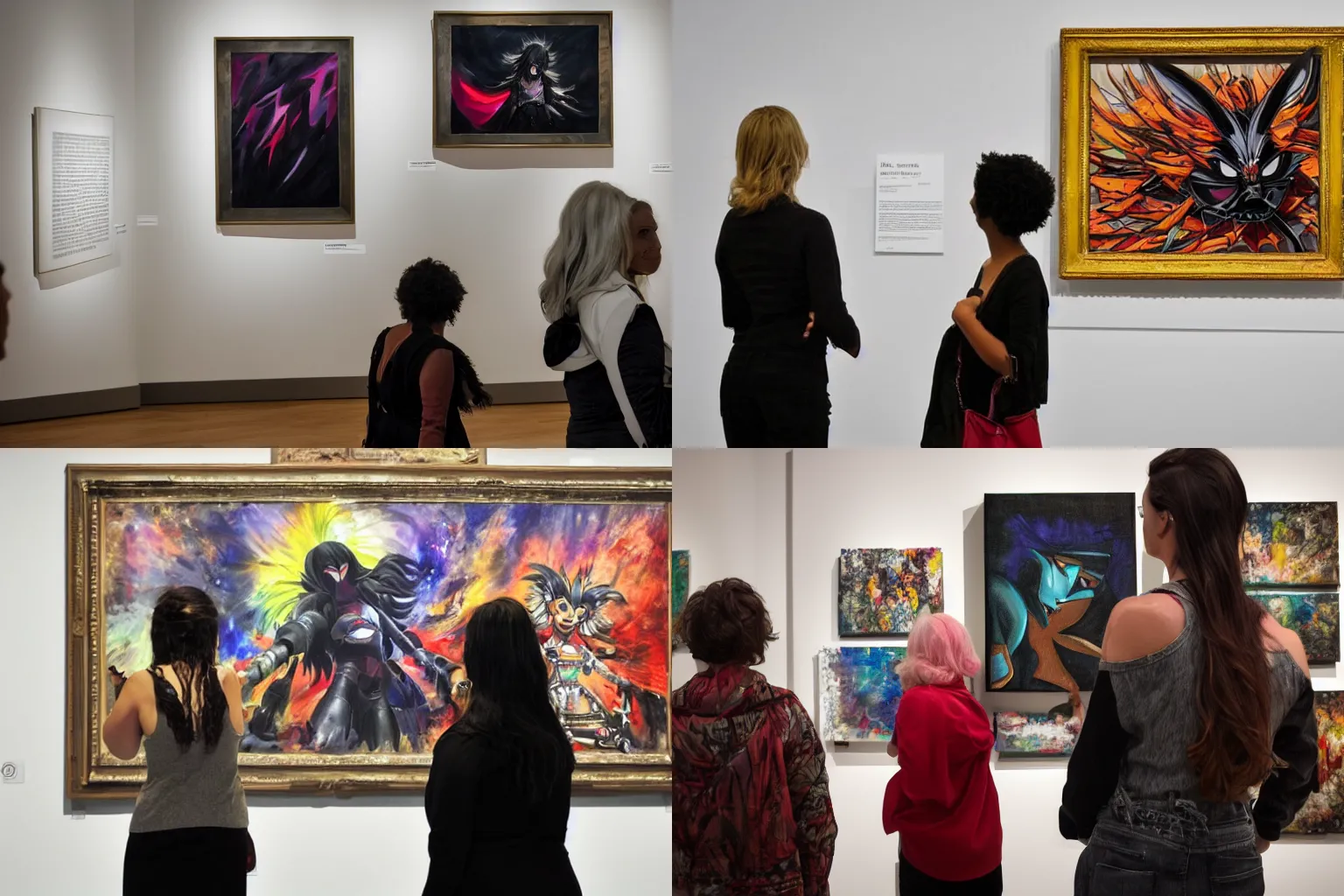 Prompt: a woman standing in an art gallery admiring a painting of shadow the hedgehog