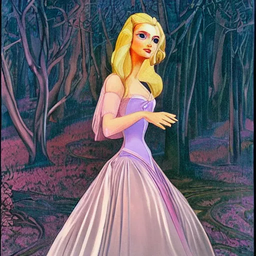 Image similar to A painting, beauty & mystery of Princess Aurora. Enigmatic smile and gaze invite us into her world, and we cannot help but be drawn in. Soft features & delicate way she is dressed make her almost ethereal. Landscape distance and mystery. What secrets Princess Aurora holds. Hadean by Gordon Parks, by Ed Emshwiller