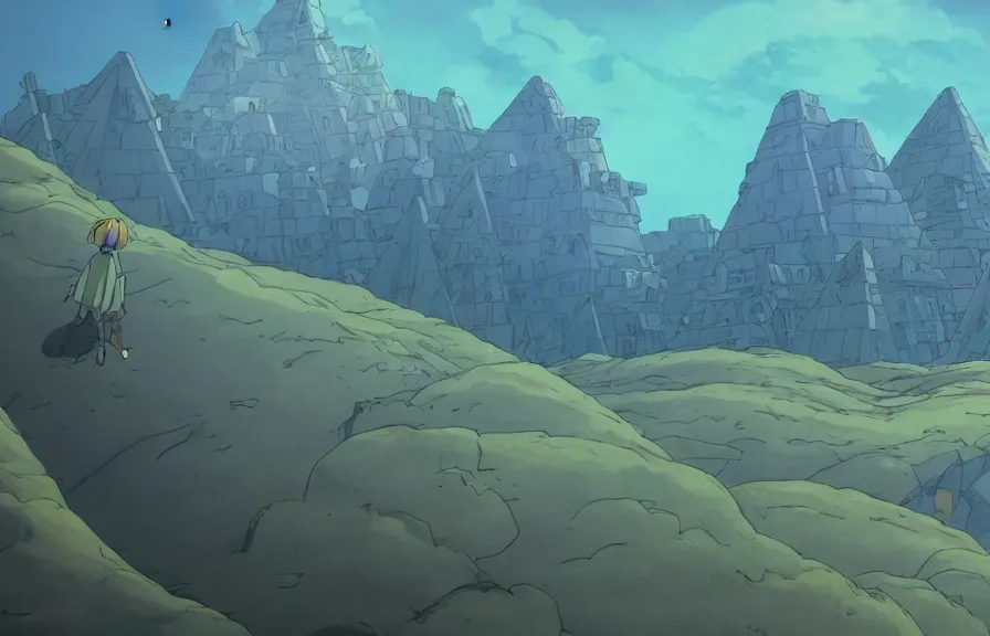 Image similar to a cell - shaded cartoon from howl's moving castle ( 2 0 0 4 ) showing several pyramids underwater at the bottom of the sea. shafts of sunlight come from above. wide shot, very dull muted colors, hd, 4 k, hq