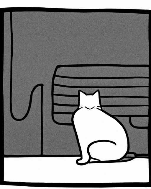 Prompt: a cat seated on the subway, cross-legged. White background. minimalist New Yorker cartoon. B&W. Black and white.