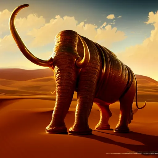 Image similar to golden mammoth in the dessert, artstation, midjourney, dall - e 2, cgsociety, cgi, digital, illustration, arts, realistic, awards winning, dramatic, cinematic, artistic, famous, detailed