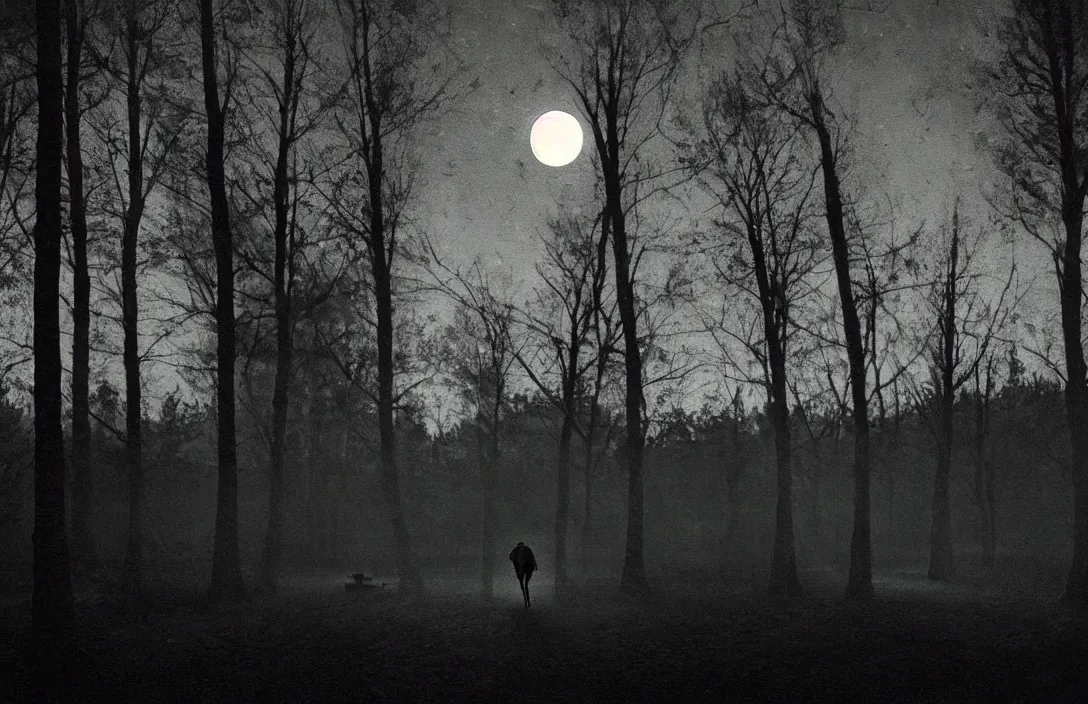 Prompt: virtuoso painting moon visible through the trees fine art radiating line compositions intact flawless ambrotype from 4 k criterion collection remastered cinematography gory horror film, ominous lighting, evil theme wow photo realistic postprocessing vertiginous render by gregory crewdson