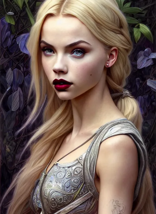 Image similar to ultra realistic illustration, a stunningly beautiful greek gothic goddess of chaos played by jordyn jones and dove cameron and margot robbie and taylor swift and megan fox and adriana lima, intricate, elegant, highly detailed, digital painting, artstation, concept art, smooth, sharp focus, illustration, art by artgerm and greg rutkowski and alphonse mucha