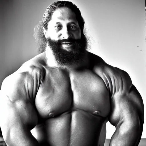 Image similar to photograph of richard stallman as a professional bodybuilder, happy facial expression, black and white photograph, 3 5 mm