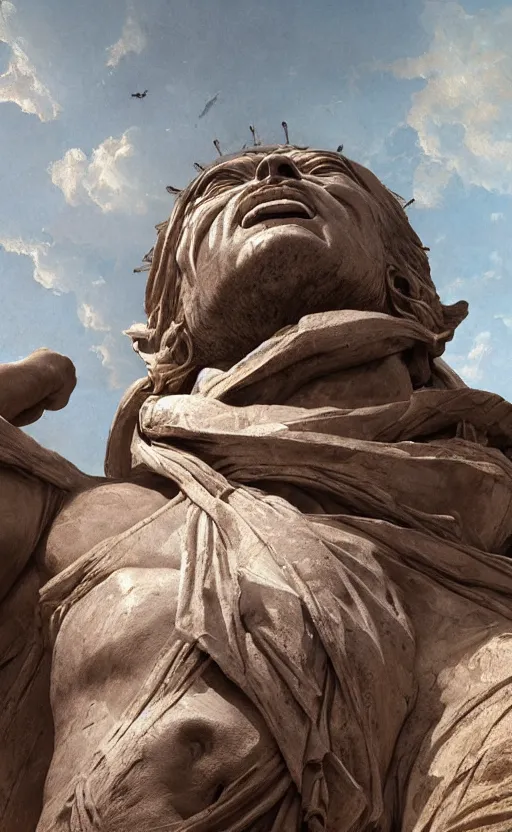 Image similar to looking up at a colossal statue of an old king at the entrance of an ancient greek harbor, greg rutkowski, 8 k, shallow depth of field, intricate detail, concept art,