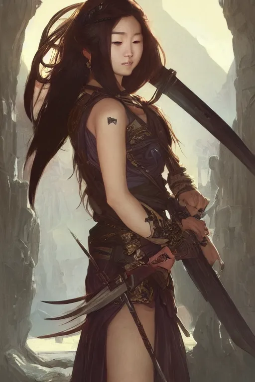 Prompt: asian girl with very big sword, d & d, fantasy, portrait, highly detailed, digital painting, artstation, concept art, sharp focus, illustration, art by greg rutkowski and alphonse mucha