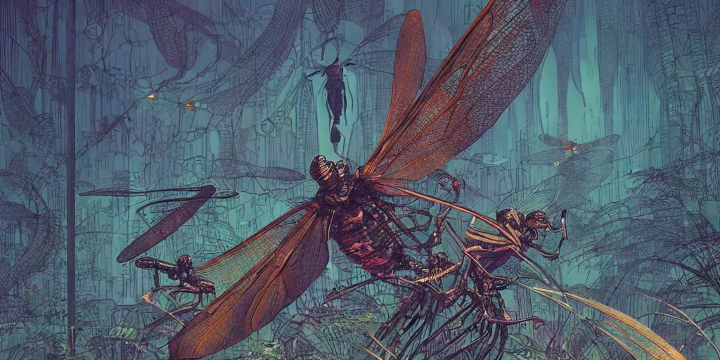 Image similar to dramatic angle on stylised giant dragonfly with few element of cyberpunk armor attacking very tiny dark creatures in fantasy jungle, by moebius!!!!, victo ngai!!!!, cinematic view!!!, dynamic lighting, night mood!!!!