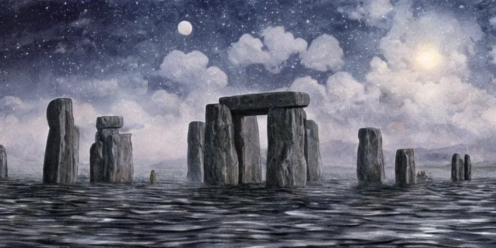 Image similar to a realistic cell - shaded concept art from howl's moving castle ( 2 0 0 4 ) of a huge cube from close encounters of the third kind ( 1 9 7 7 ) hovering over a flooded stonehenge. it is a misty starry night. very dull colors, hd, 4 k, hq