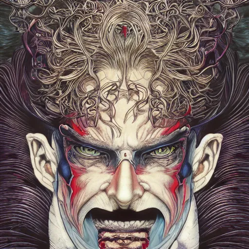 Image similar to portrait of crazy merlin, symmetrical, by yoichi hatakenaka, masamune shirow, josan gonzales and dan mumford, ayami kojima, takato yamamoto, barclay shaw, karol bak, yukito kishiro