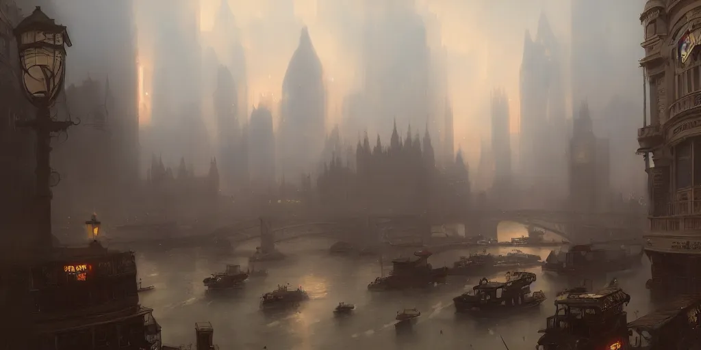 Prompt: london in 1 9 1 7, extremely detailed digital painting, in the style of fenghua zhong and ruan jia and jeremy lipking and peter mohrbacher, mystical colors, rim light, beautiful lighting, 8 k, stunning scene, raytracing, octane, trending on artstation