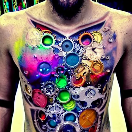 Image similar to chest tattoo of a 3 d hole in the skin with a shiny multicolored metallic gears and tubes and futuristic robotic mechanics inside under the skin, insanely integrate,