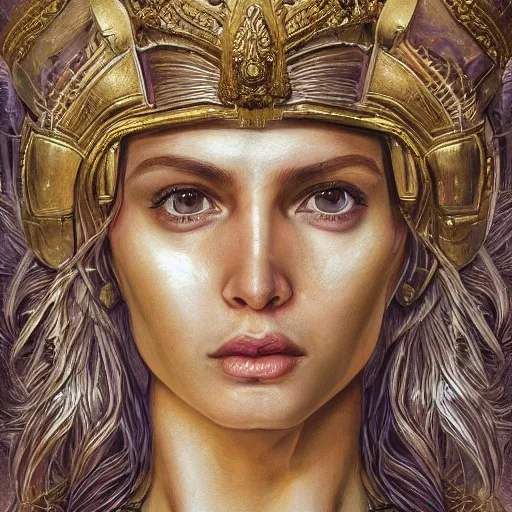 Image similar to hyperrealistic mixed media painting of beautiful goddess Athena, stunning 3d render inspired art by P. Craig Russell and Barry Windsor-Smith, perfect facial symmetry, dim volumetric lighting, 8k octane beautifully detailed render, post-processing, portrait, extremely hyper-detailed, intricate, epic composition, brown eyes, cinematic lighting, masterpiece, trending on artstation, very very detailed, masterpiece, stunning