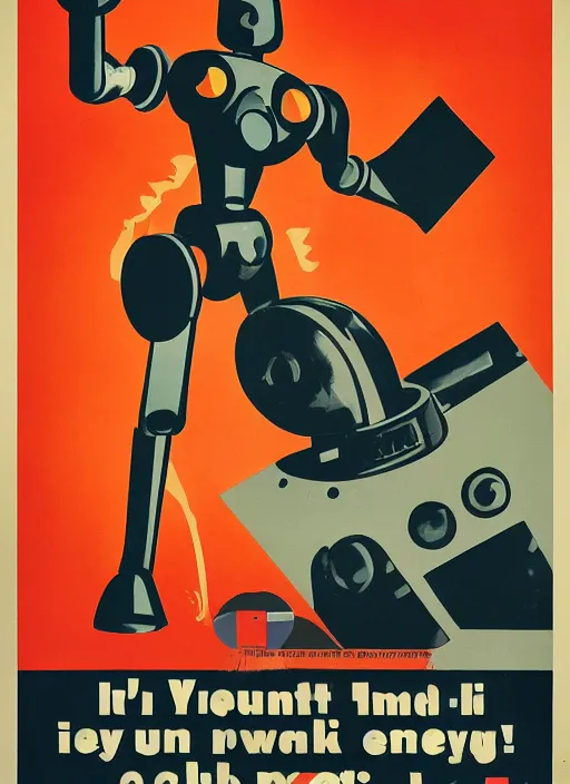 Image similar to wwii propaganda poster about robots attacking