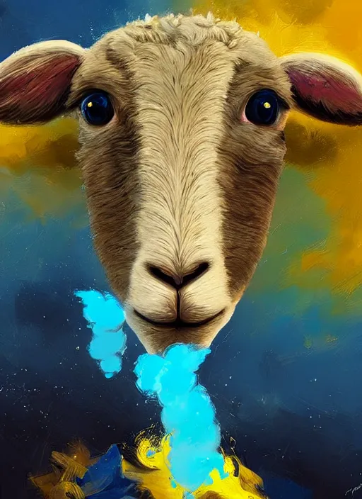 Image similar to a painting of a lamb's face with blue and yellow smoke coming out of, a digital painting by petros afshar, behance contest winner, digital art, behance hd, digital illustration, digital painting