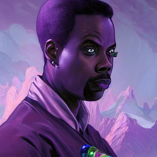 Image similar to chris rock as a necromancer glowing with purple magic, glacier landscape, d & d, fantasy, intricate, elegant, highly detailed, digital painting, artstation, concept art, matte, sharp focus, illustration, art by artgerm and greg rutkowski and alphonse mucha