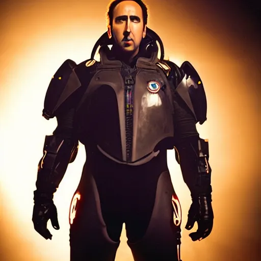 Image similar to Nicolas Cage wearing Powered Combat Suit in Starcraft, promo shoot, studio lighting