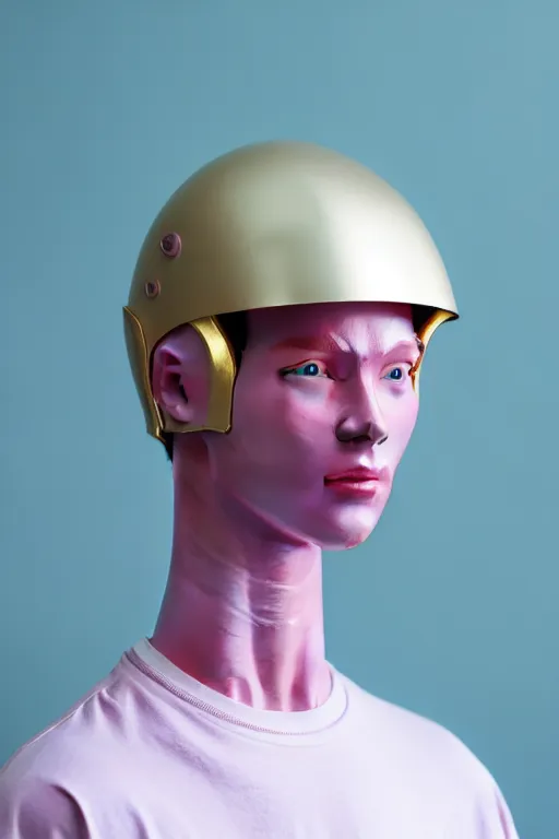 Prompt: a high definition film photograph of a normal androgynous robot human wearing a plain white t - shirt, in a pastel pink room. happy. metal visor covering eyes. metallic shiny gold coloured helmet. crushed shadows.