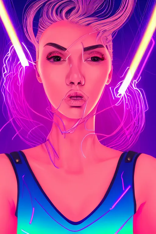 Image similar to a award winning half body portrait of a beautiful woman in a croptop and cargo pants with ombre purple pink teal hairstyle surrounded by whirling illuminated lines, outrun, vaporware, shaded flat illustration, digital art, trending on artstation, highly detailed, fine detail, intricate