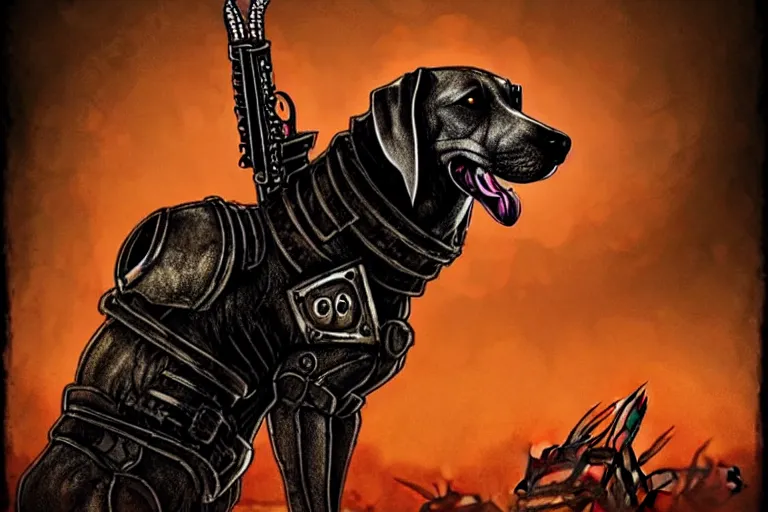 Image similar to a hound dog fursona ( from the furry fandom ), heavily armed and armored facing down armageddon in a dark and gritty version from the makers of mad max : fury road. witness me.